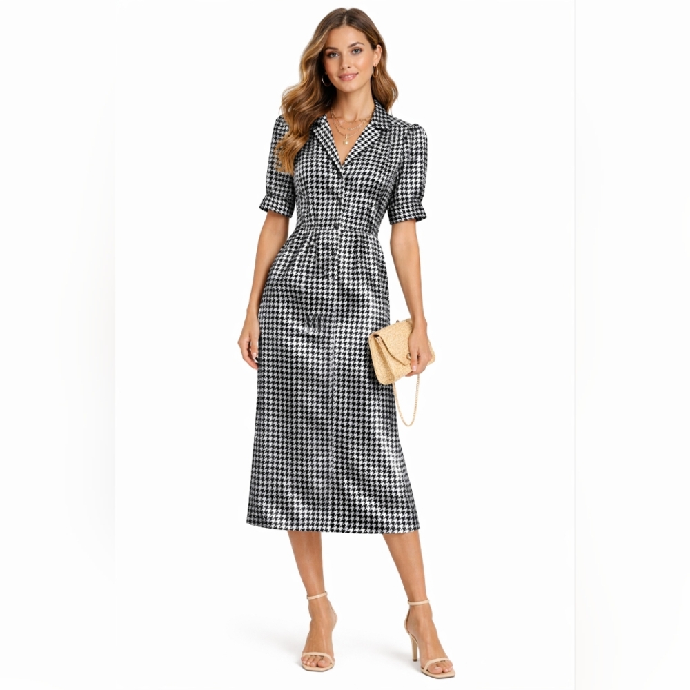 Vintage RARE BCBG Paris Silk Satin Houndstooth Shirt Dress Size 6 - Picture 1 of 16